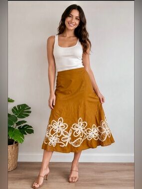 Vintage Appraisal Plus Size 14 Beaded Floral Midi Skirt Ramie Rayon Rust Boho